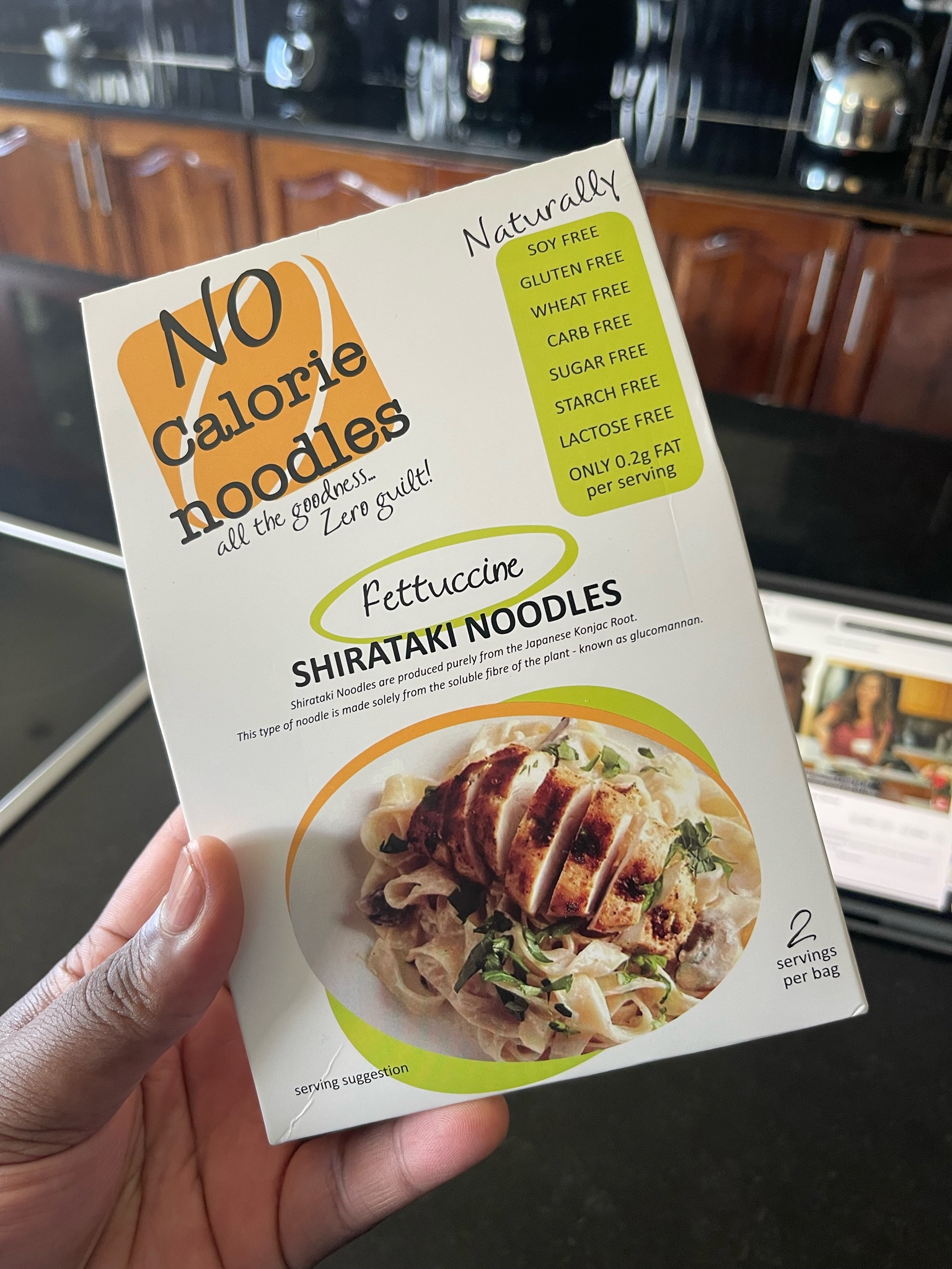 a pack of fettuccine shiritaki noodles from no calorie foods.