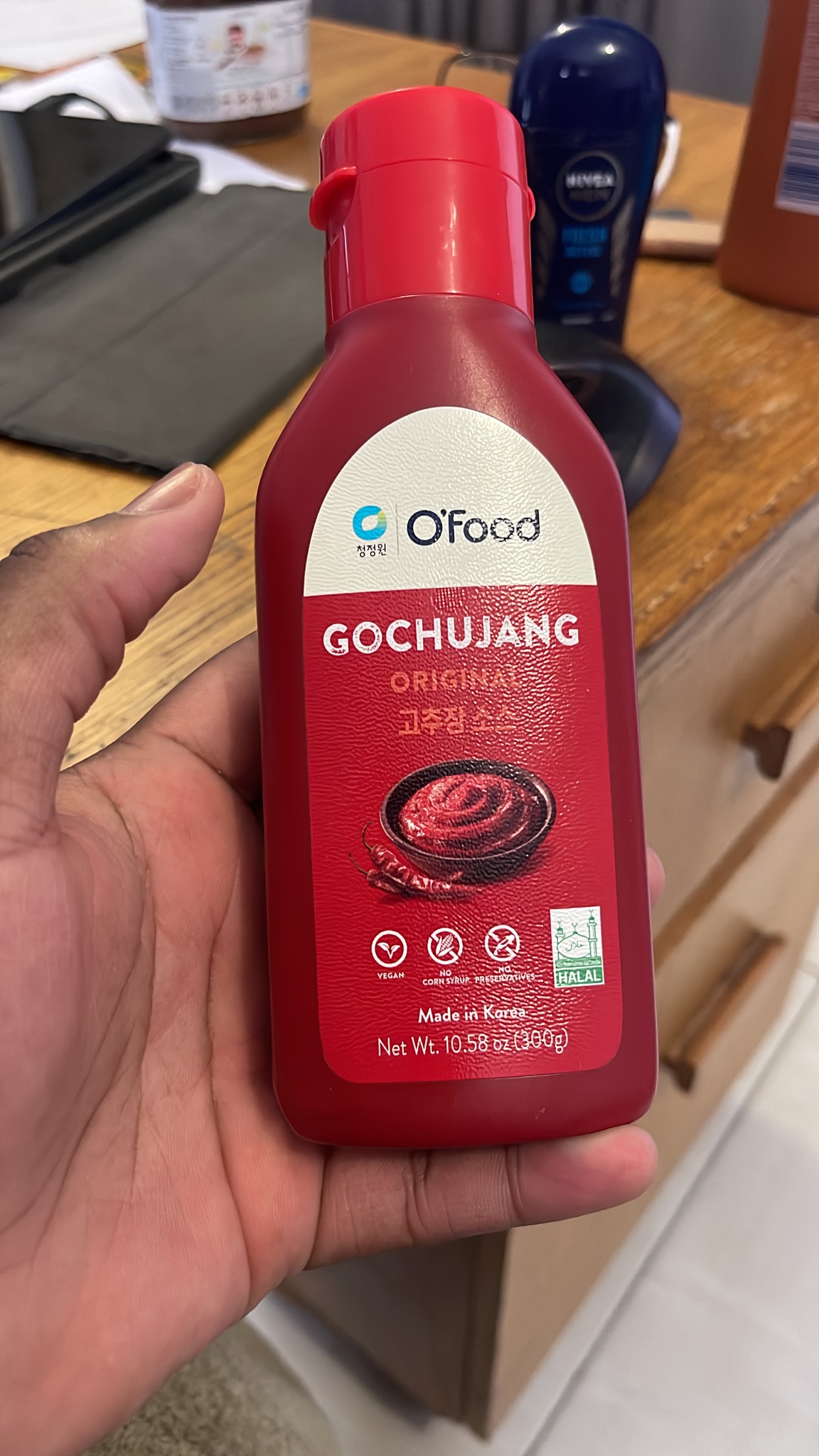 a bottle of o’food gokujang which is definitely not gokujang though it’s in a characteristically red bottle