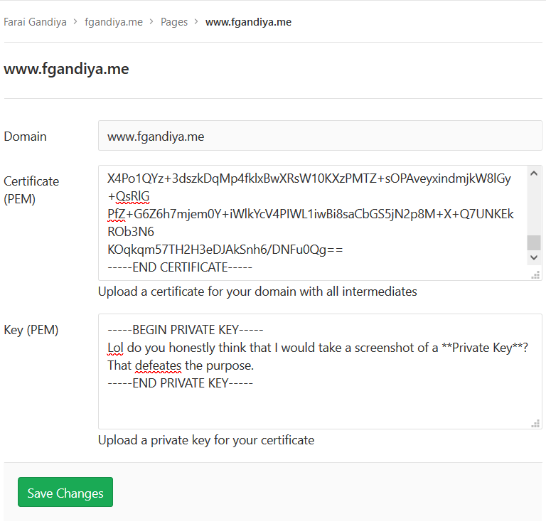 Fields to add the SSL certificate