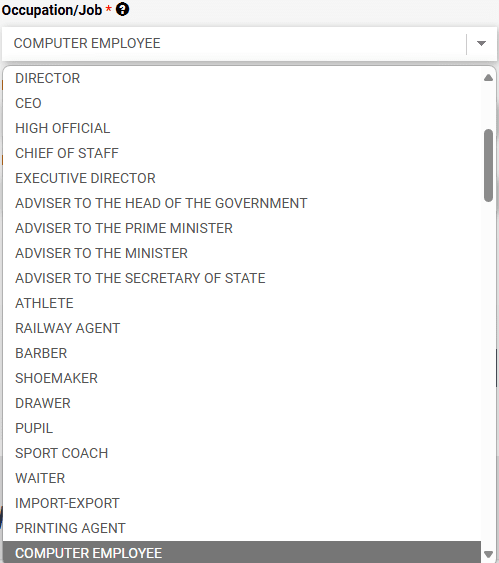 A list of job titles in a dropdown that aren’t in any particular order but with computer employee highlighted at the bottom. It goes director, CEO, exec director, various advisors not alphabetically orderes, athlete, railway agent, barber, shoemaker, drawer, pupil, sport coach, waiter, import-export, printing agent and computer employee