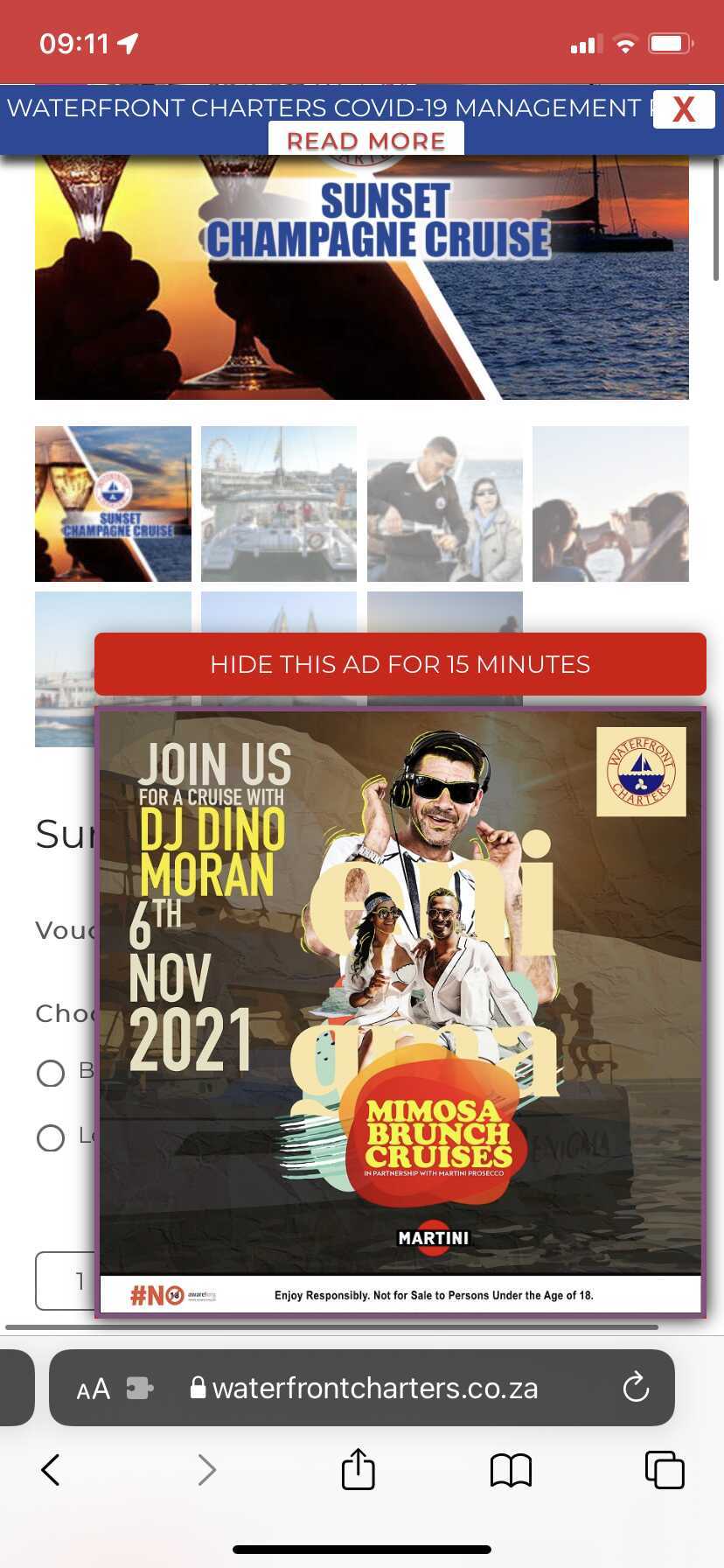 A webpage with a party cruise banner ad taking half the screen space with a button to ‘hide this ad for 15 minutes’