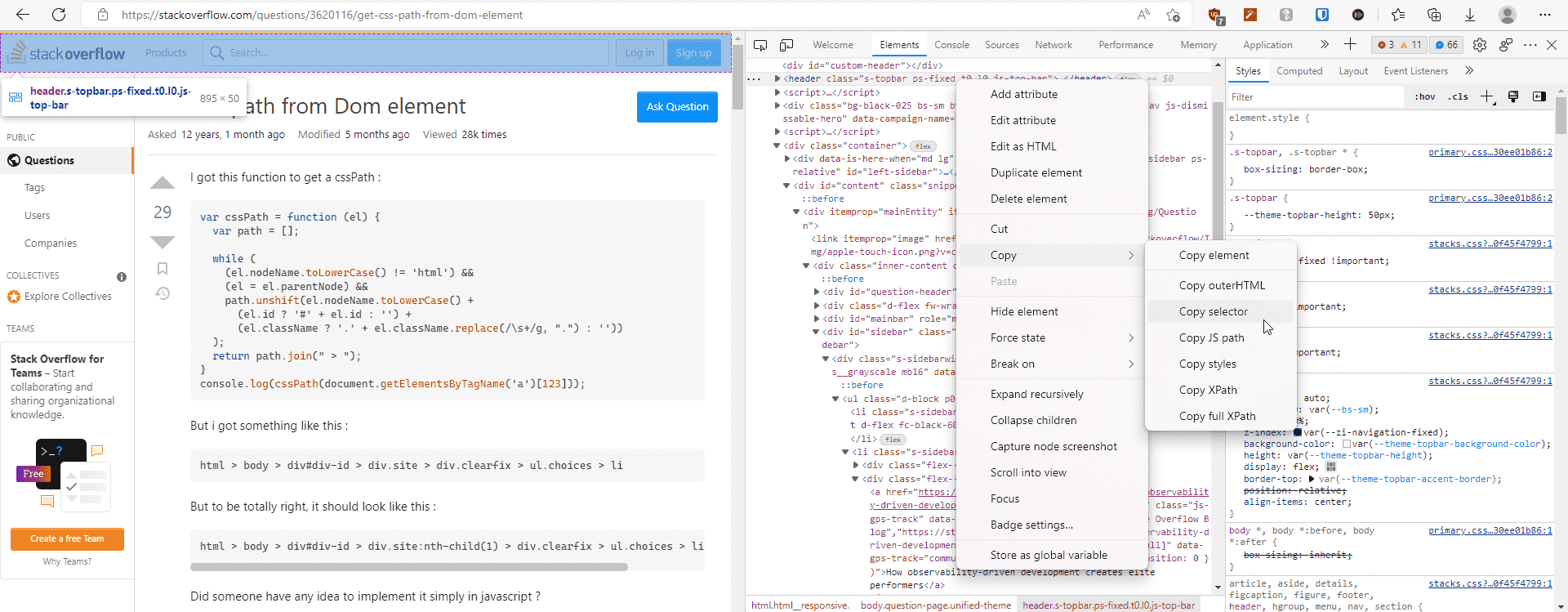 Stak overflow open with dev tools. The sites header is highlighted along with it’s element name and classes. In dev tools, the copy selector is chosen