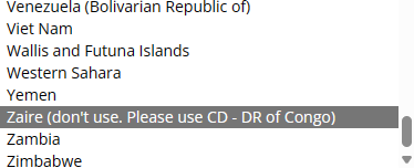 A country picker highligting ‘Zaire (Don’t use. Please use CD-DR of Congo