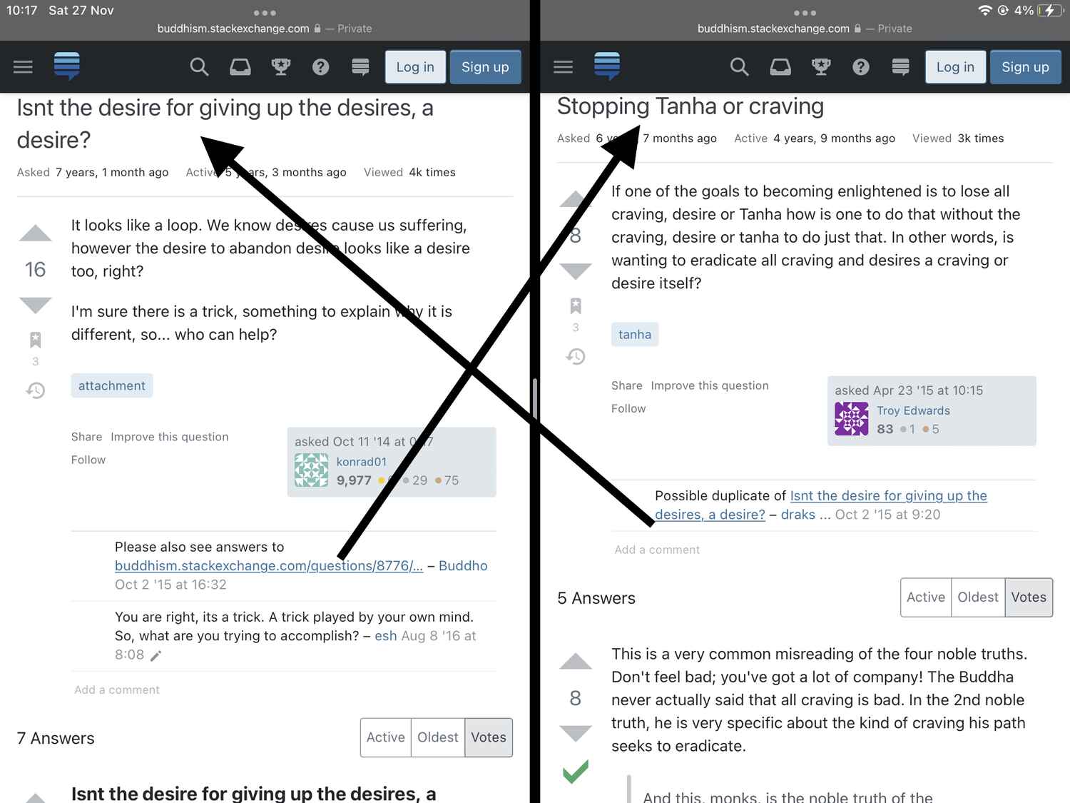 Two web pages with arrows pointing to each other from links within them