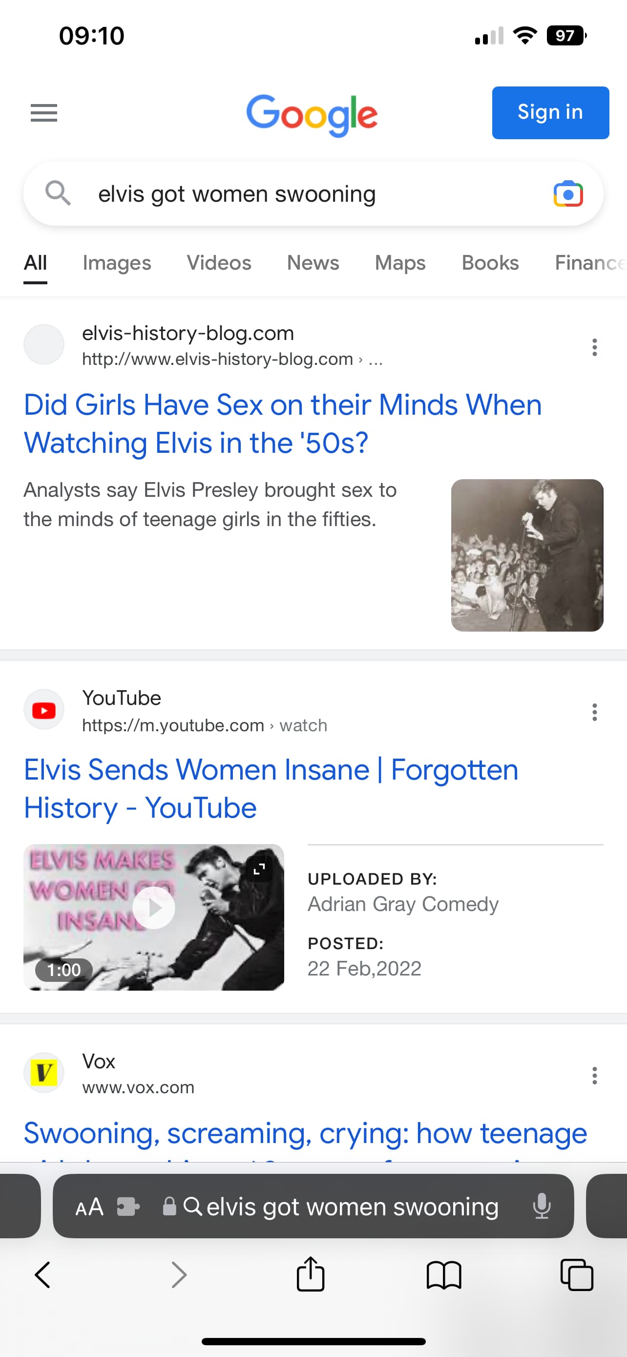 Google search for ’elvis got women swooning’ with a video titled ‘Elvis Sends Women Insane’ by ‘Adrian Grey Comedy’