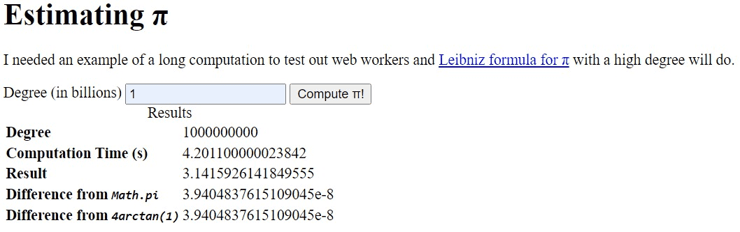 A table showing how long it took to estimate pi to 1 billion degrees