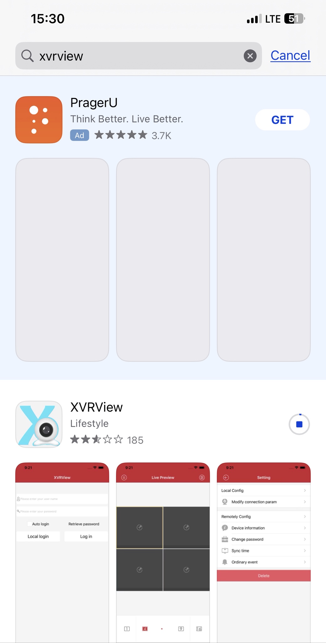 search results for xvrview where prayers fake university is highlighted over the actual app below.