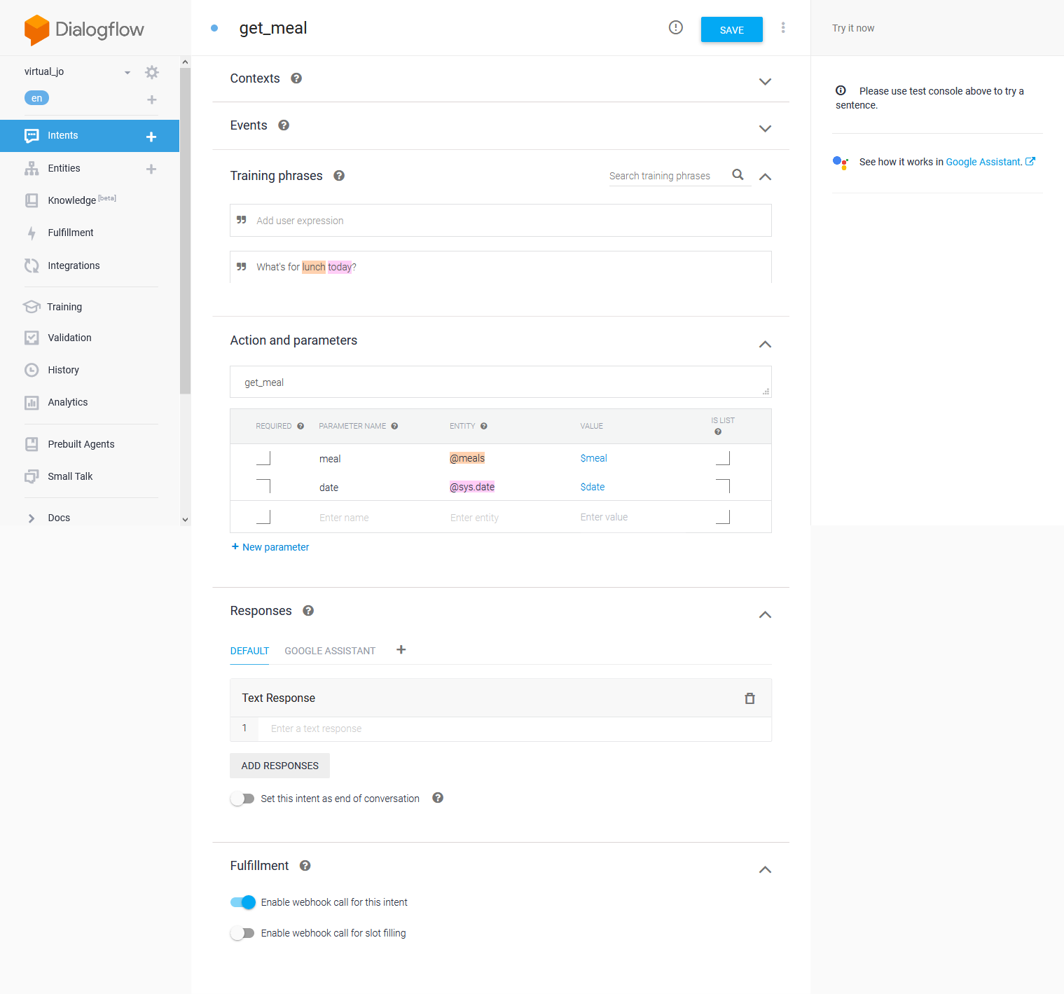 The dialogflow dashboard with a navigation sidebar on the left, a Google assistant box on the right and the information for the get_meal intent like contexts, events, training phrases and actions and parameters.