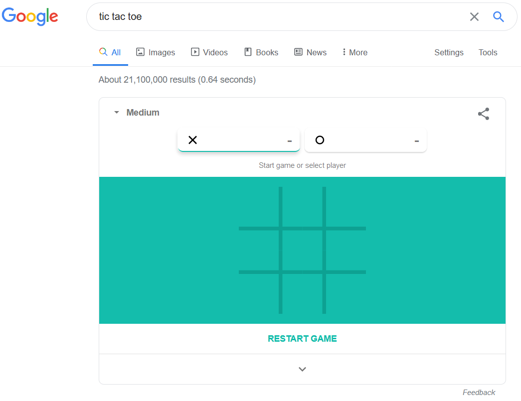 Google Search with a game of tic Tac toe against a teal background