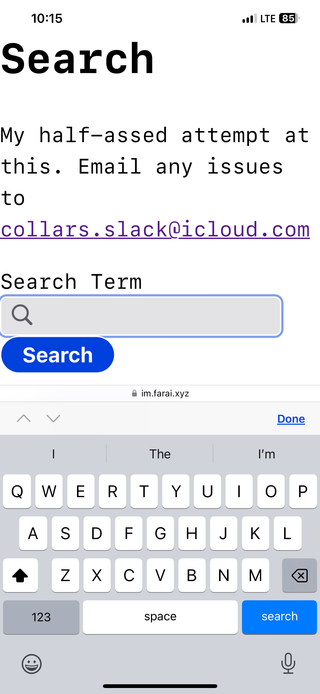 The search page on mobile with a description, the search field with a magnifying glass in it, and the keyboard with a blue search button.