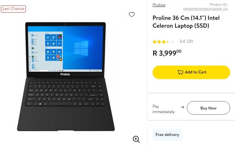 A product page for the proline laptop going for ZAR3999.00 with the 00 superscripted in bold.