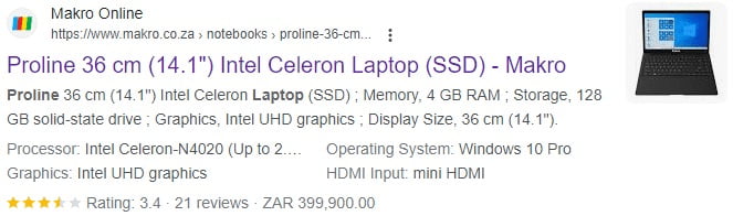 A search result for a proline laptop going for ZAR399,999.00