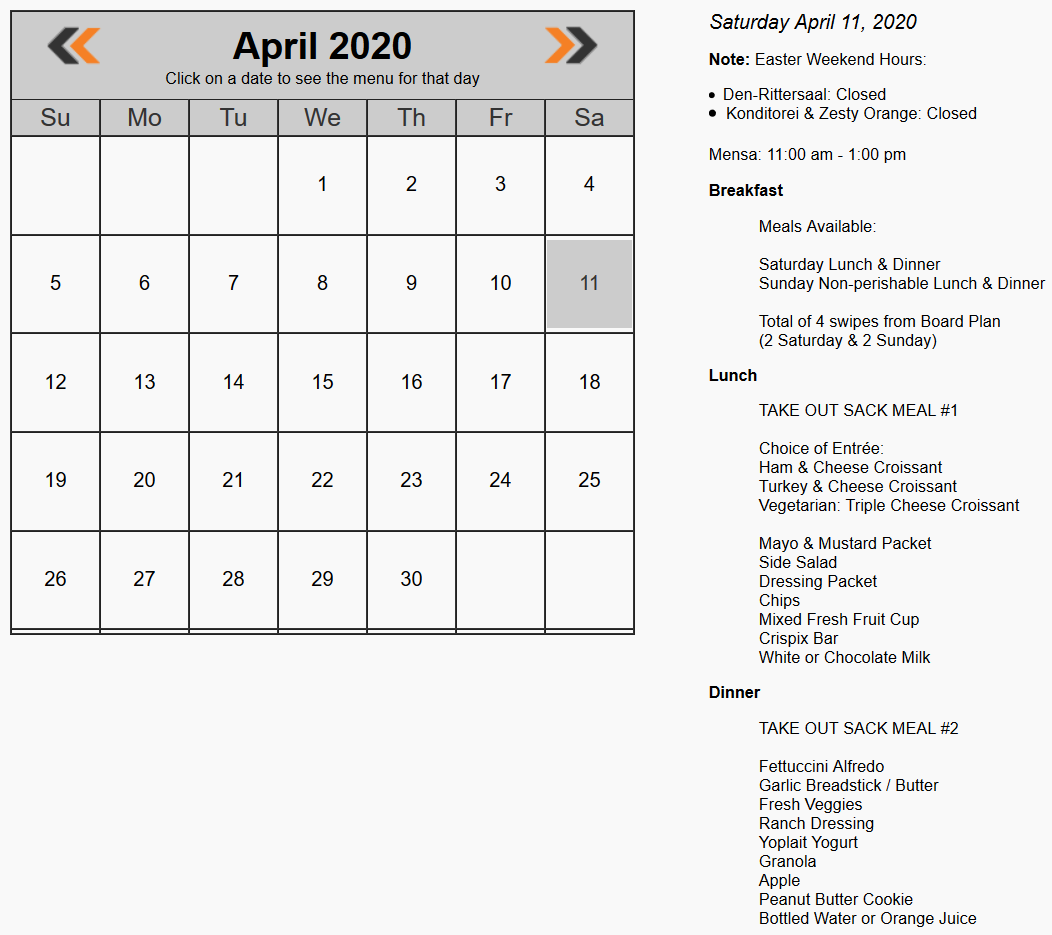 Calendar alongside the menu items for the day, with some general information on Easter hours