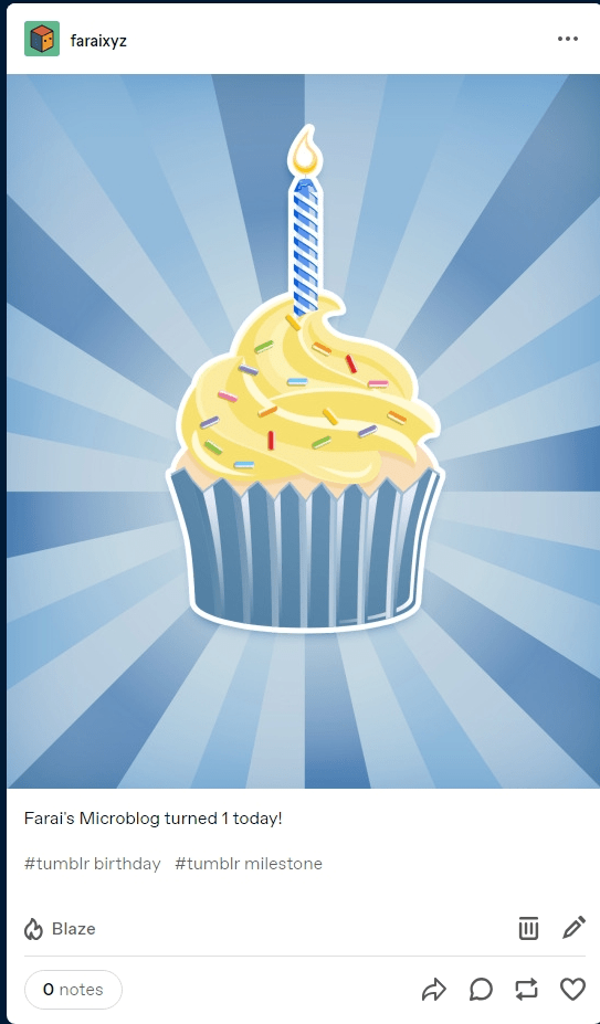 A post saying Farai’s Microblog turned 1 today featuring a cupcake with a single blue candle with a lot of blue