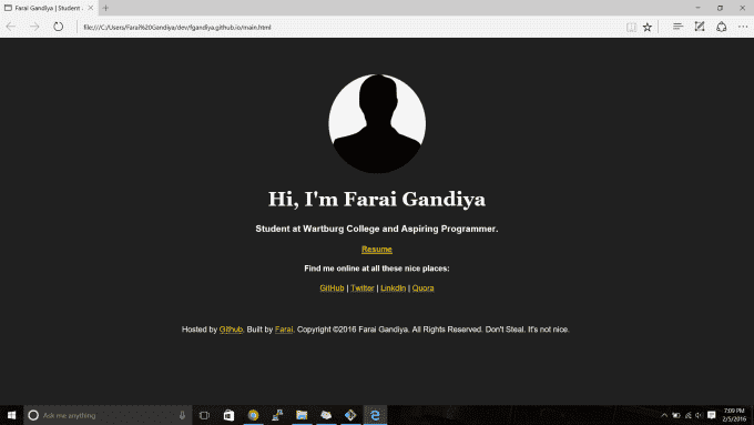 the home page of my first programming blog. With a grey background, it features a round silhouette followed by the words ‘Hi I’m Farai Gandiya’ with links to a resume and social media paged.