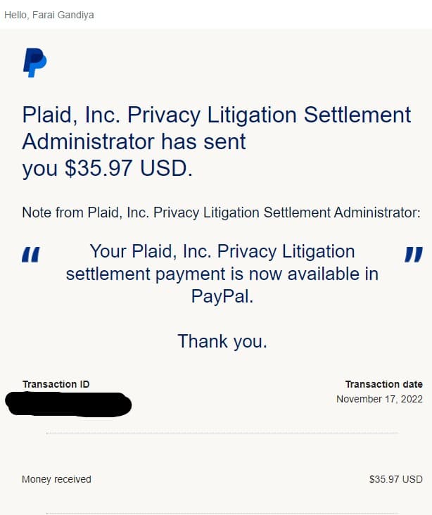 A paypal transaction from from plaid inc settlement administrator for $35.97 on the 17th of November 2022