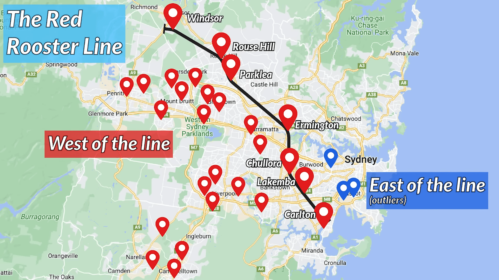 The map of Sydney titled “The Red Rooster Line” black line separating many red markers on the west of it and three blue ones on the right of it with the anotation as outliers