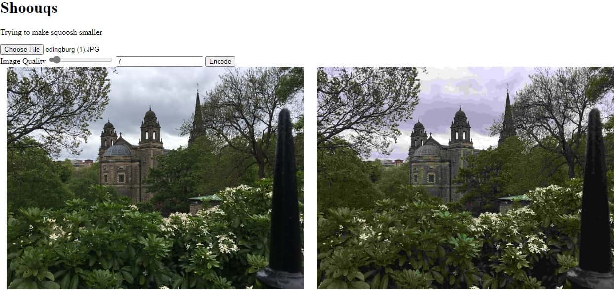 The shoouqs interface with a file picker, image quality slider and input and encode button. Below are two images of a castle in a park with the right image being lower quality than the left