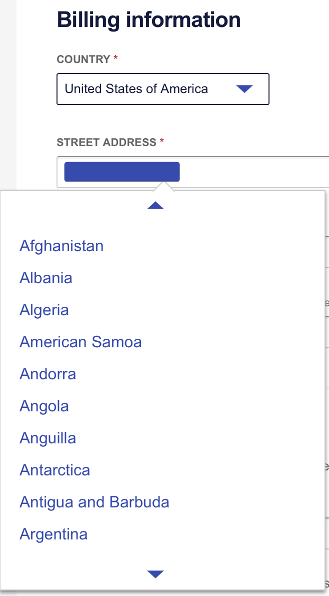 A billing form with a select menu featuring an up and down button