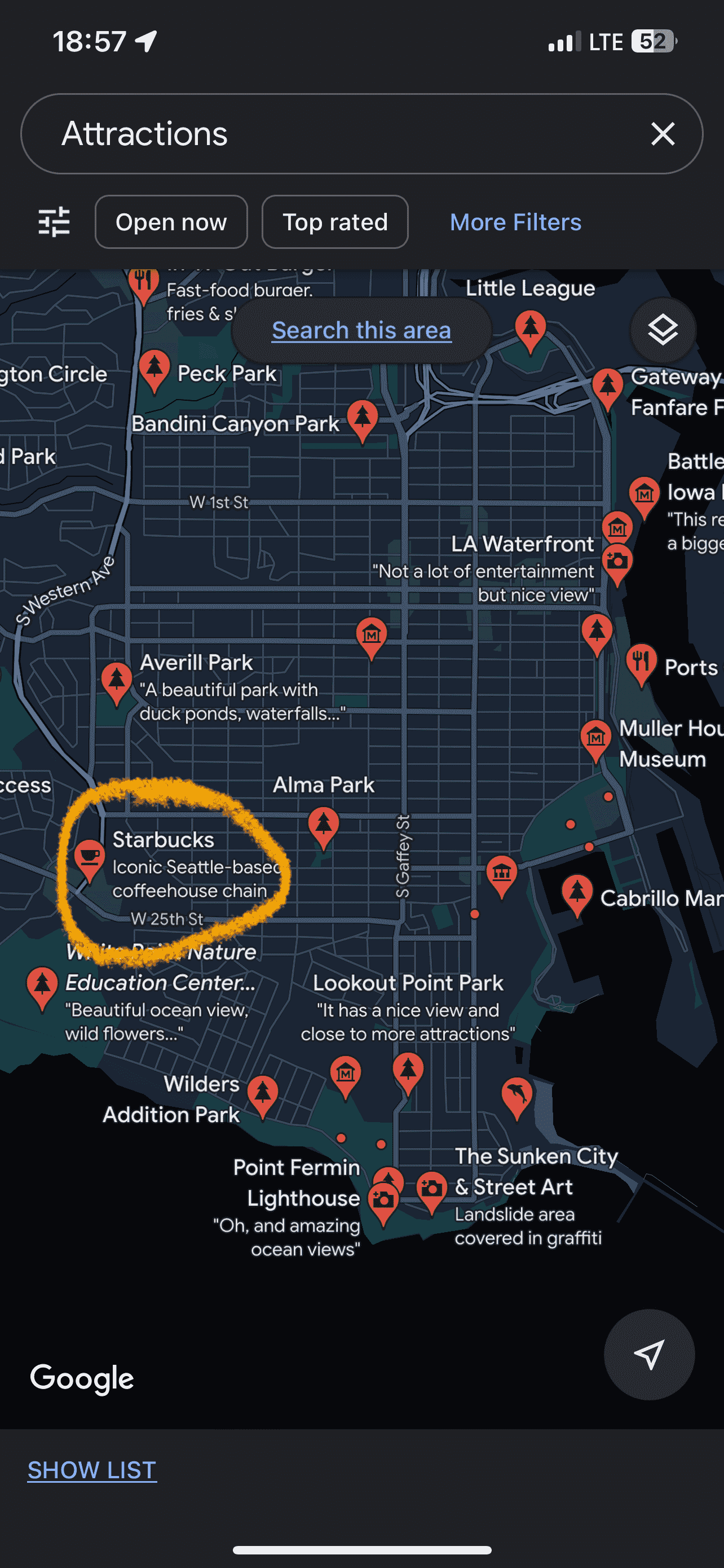 A screenshot of a map of attractions with a starbucks location circled around it