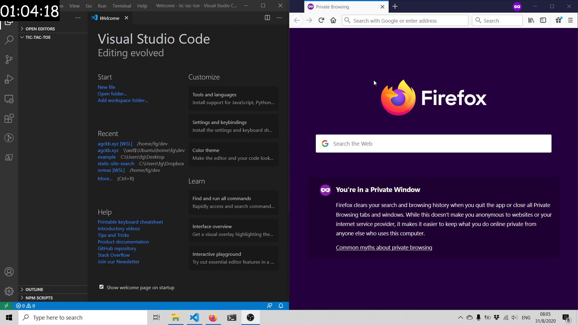 Stream with desktop showing VSCode and Firefox side by side along with a countdown timer