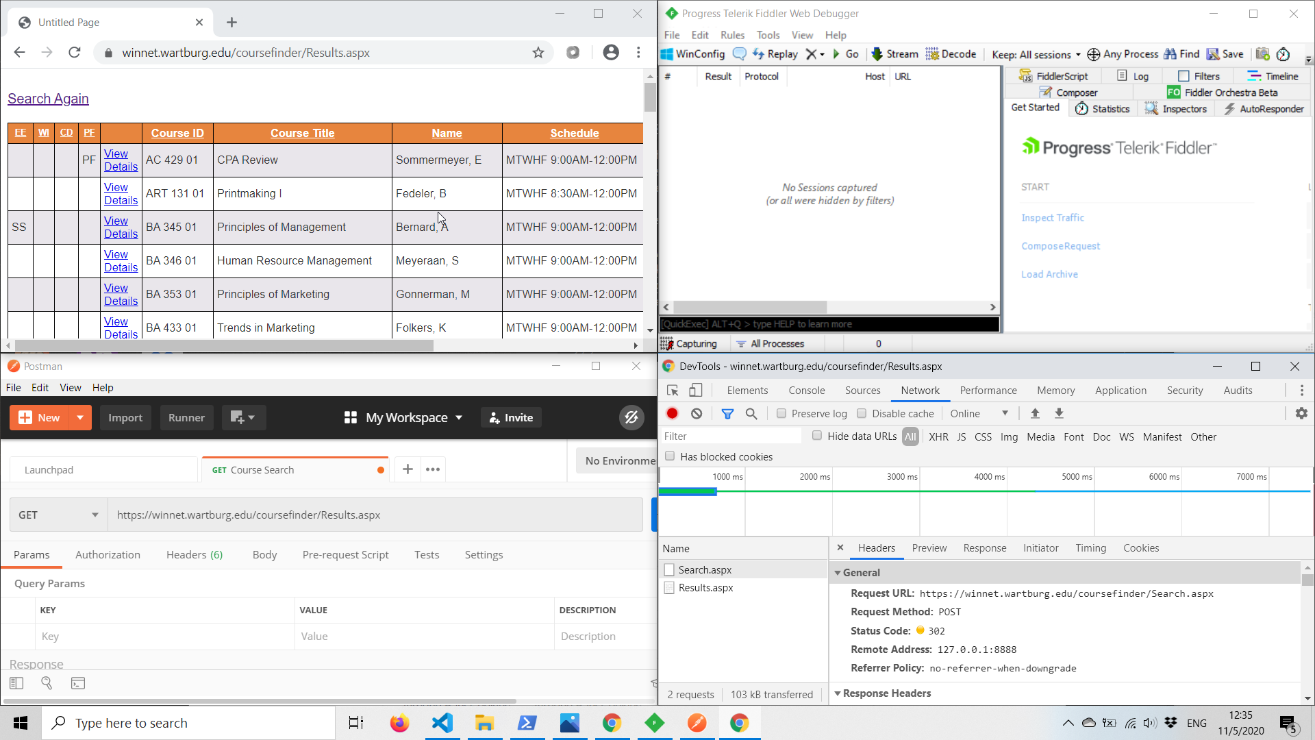 Fiddler, Google Chrome, Postman and Chrome Dev Tools in separate windows