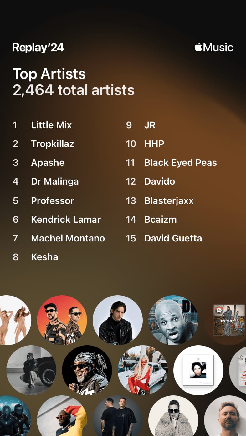 My top 15 artists in a two column list with circles of their cover pictures underneath. Total Artists 1,464. All against a brown black gradient background.