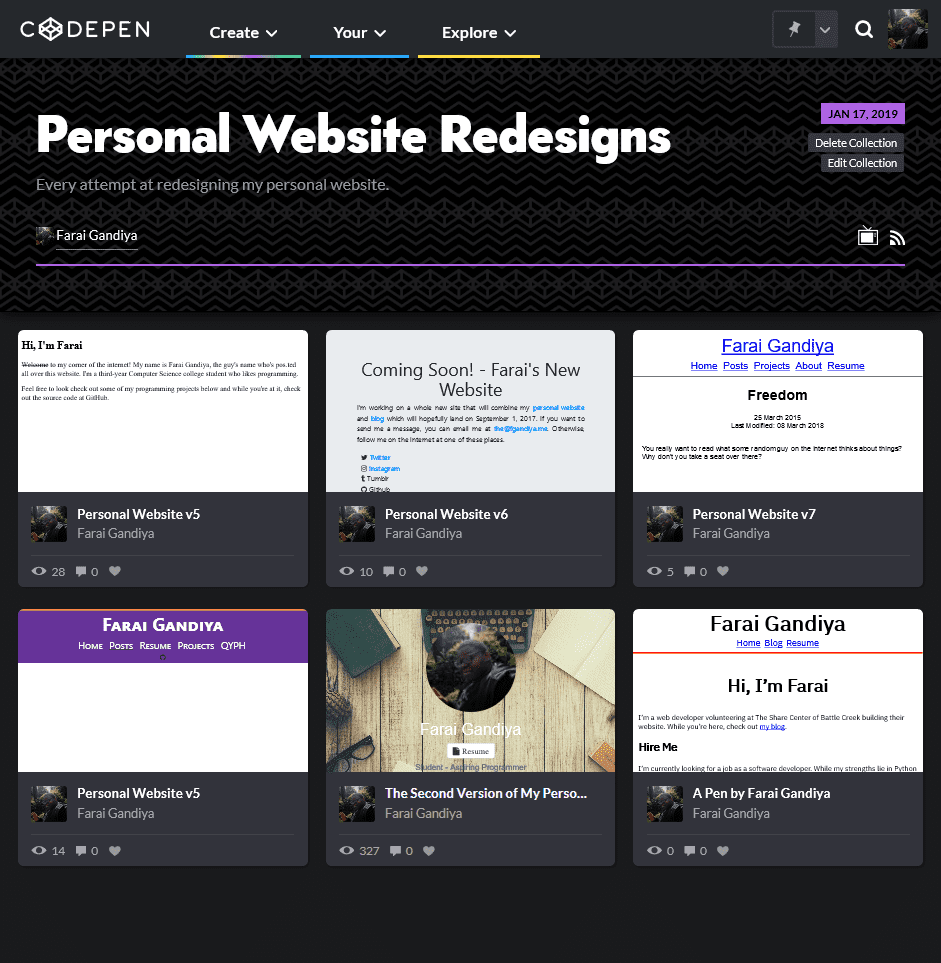 The Personal website redesign page on my CodePen account"