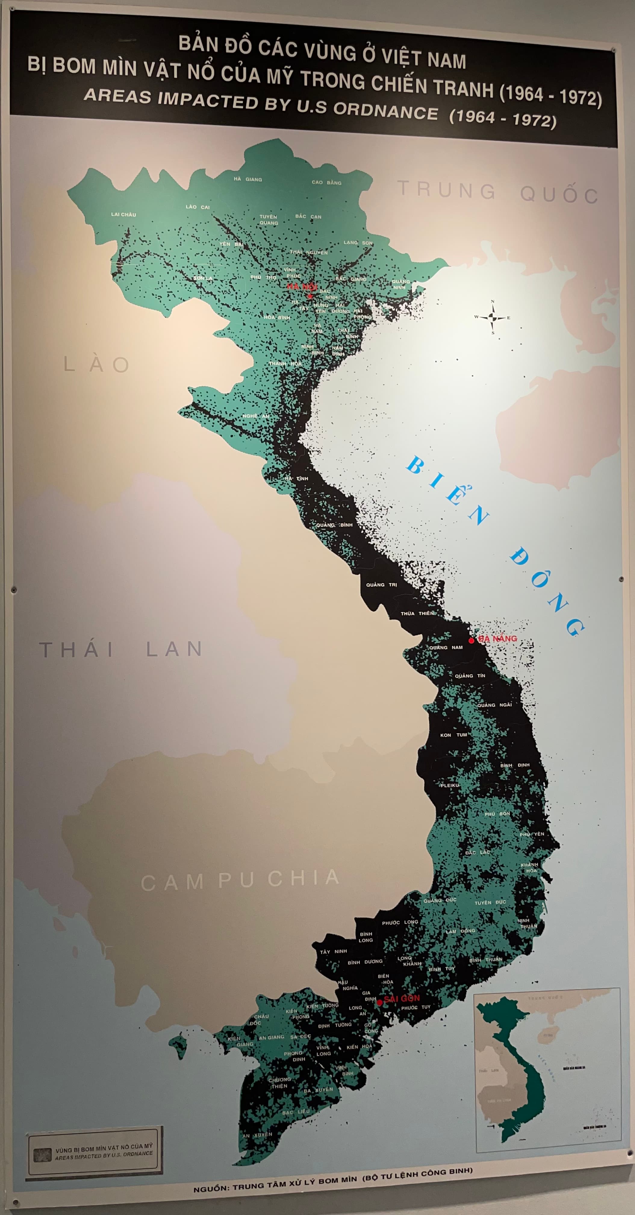 A map of Vietnam with a lot of black splots indicating the areas impacted by the us ordinance between 1964 and 1972