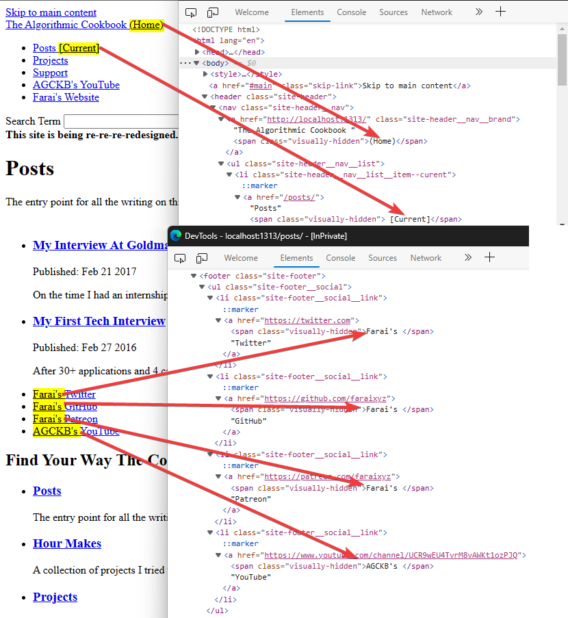 Highlighting text that’s supposed to be visually hidden and pointing arrows to their respective HTML