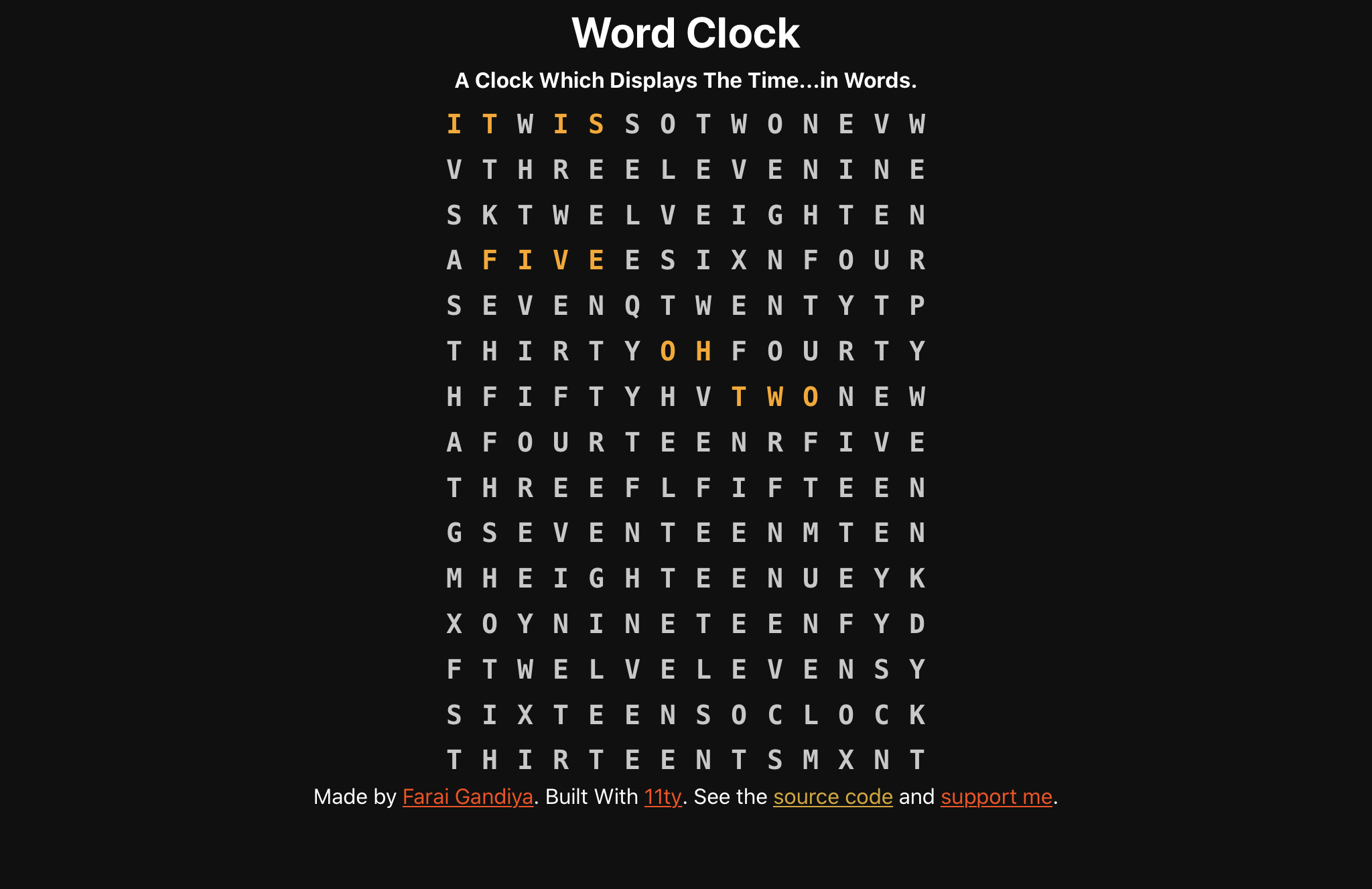 The header with the words word clock and a description “a clock which displays the time… in words”, a letter grid saying “it is five oh two” in orange and the site footer